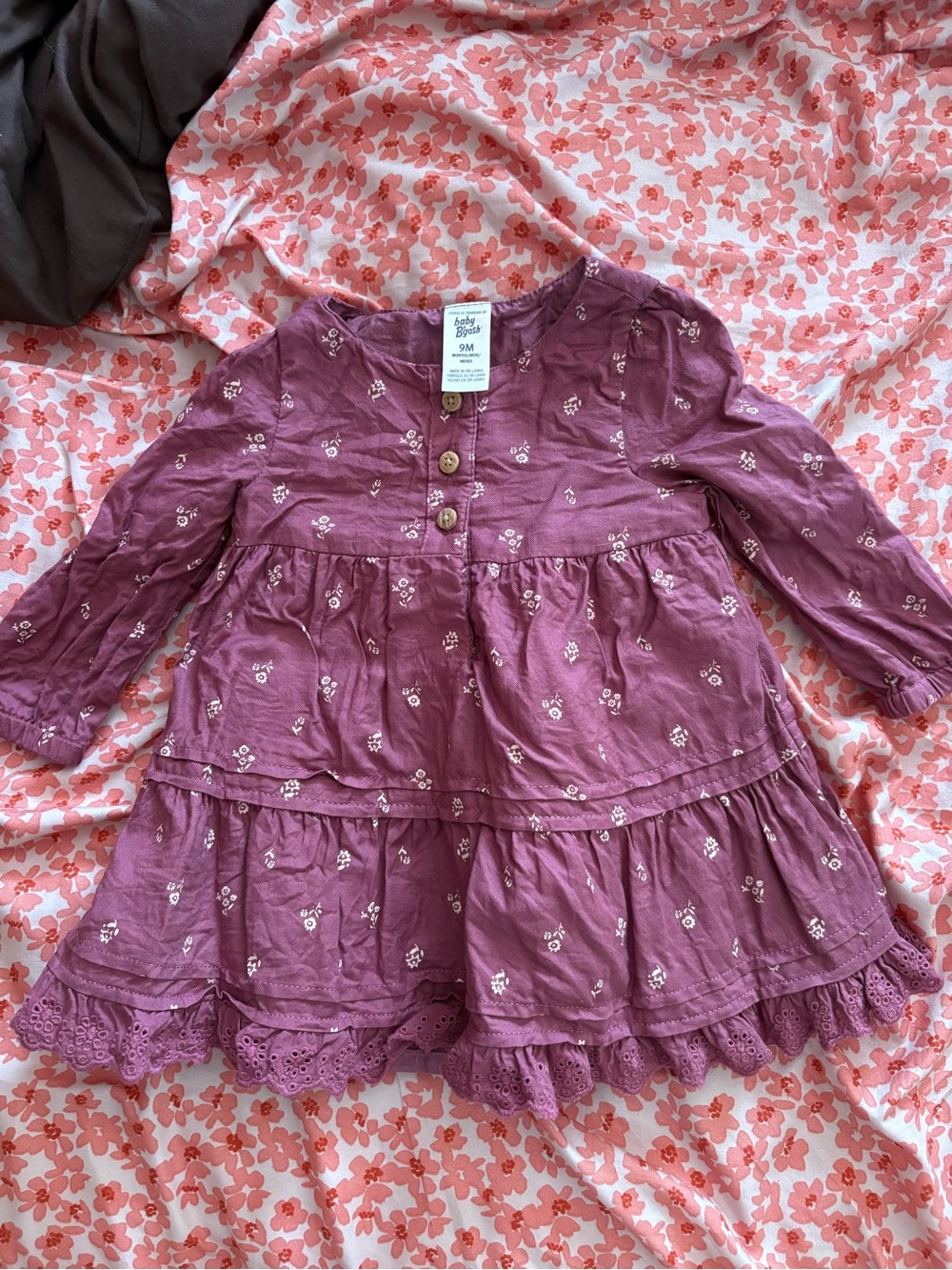 Girls Lavender Tiered Long-Sleeve Dress with Eyelet Trim